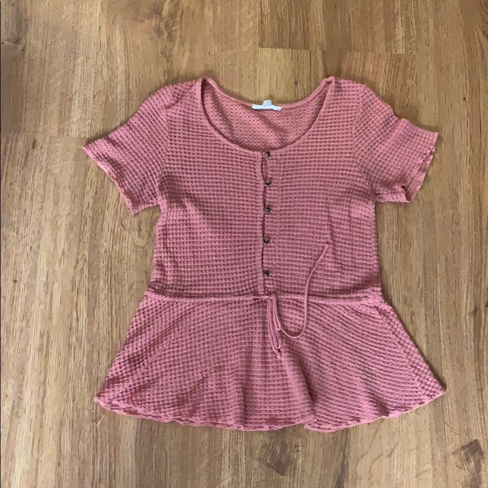 Coral colored button up knit short sleeve